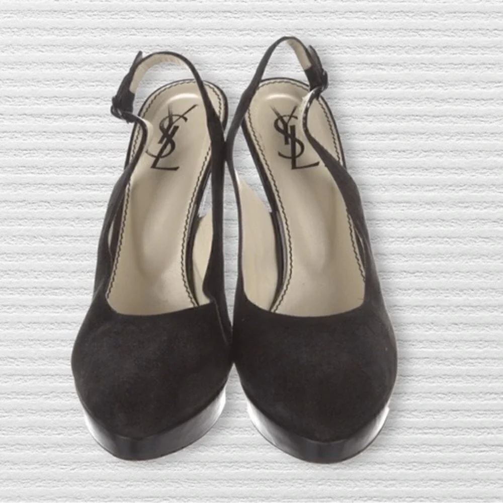 YSL Suede Slingback Close Toe High Heel Black Clogs Shoes - Picture 3 of 6